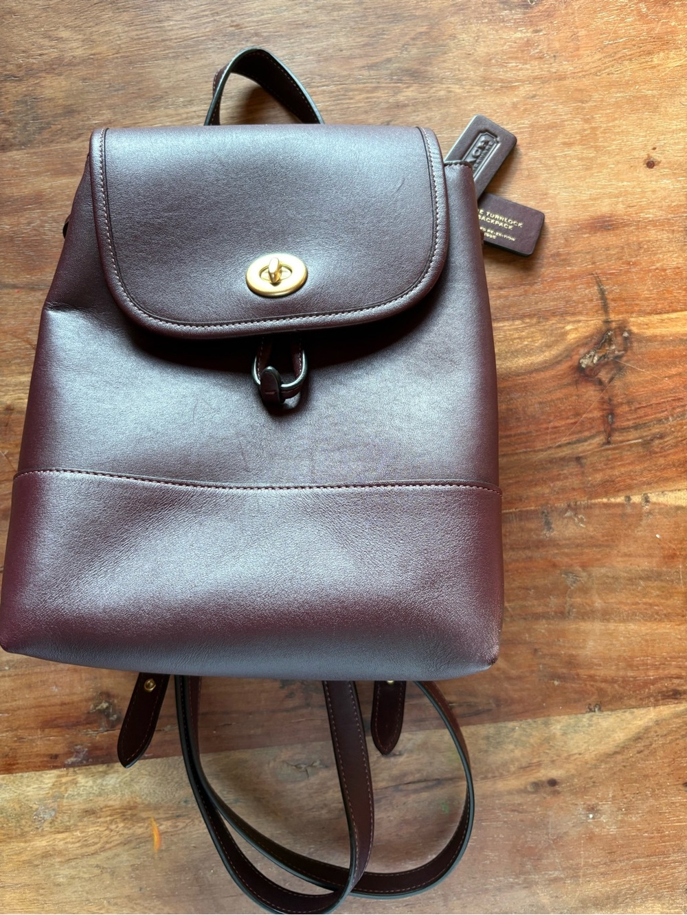Coach Smooth Leather Shoulder Backpack in Deep Burgundy with Gold-Tone Hardware